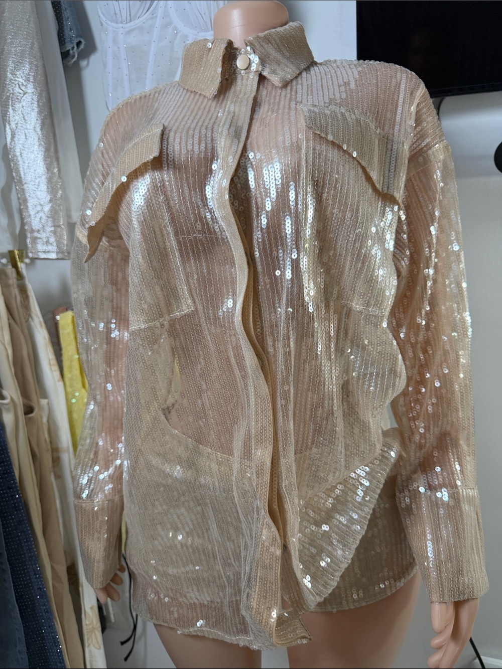 Sheer Sequin Button-Up Shirt Jacket in Champagne